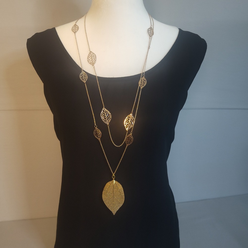 Gold Tone Double Layeredβ Leaf Pendant Necklace Nature Inspired Boho Filigree